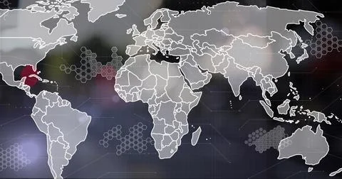 Image of connected dots, hexagon patterns, map over defocused city in background Stock Photos