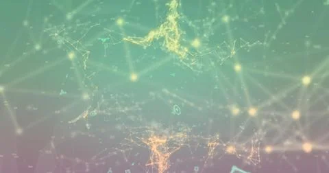 Image of connected dots with lines forming geometric shape against blue bac.. Foto stock