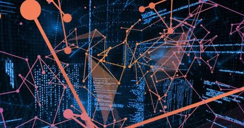 Image of connected dots moving over binary codes and computer language 库存照片