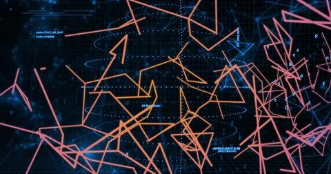 Image of connected dots moving over binary codes and computer language 库存照片