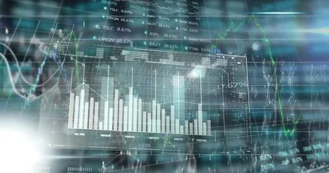 Image of connected dots with multiple graphs over trading board on grid patte Ilustração Stock
