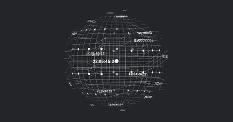 Image of connected dots, numbers and grid pattern around globe over abstract 写真素材