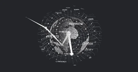 Image of connected dots, numbers and grid pattern around globe over abstract 库存照片