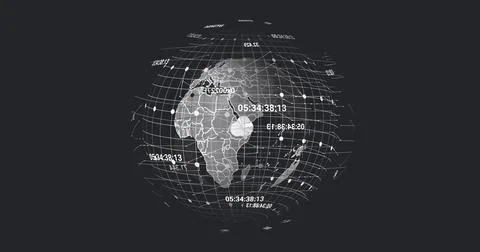 Image of connected dots, numbers and grid pattern around globe over abstract Stock Photos