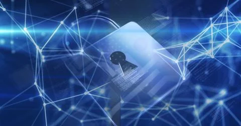Image of connected dots, padlock and computer language over abstract background Stock-Fotos