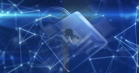 Image of connected dots, padlock and computer language over abstract background Stock-Fotos