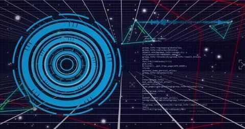 Image of connected dots triangles, loading circles and computer language over イラスト素材