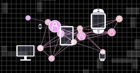 Image of connected icons, ai chat interface in computers, smartwatches and Stock Photos