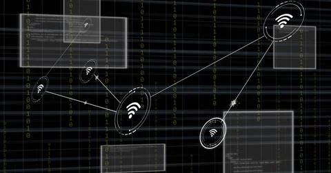 Image of connected icons and computer language in squares over black background Foto stock