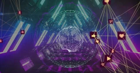 Image of connected icons and dots forming globes over triangular tunnel in Illustrazione stock