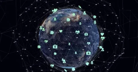 Image of connected icons and dots around rotating globe over black background Stock Illustration