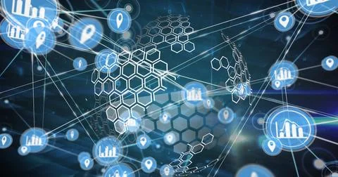 Image of connected icons and hexagons on rotating globe over lens flares on Stock Photos