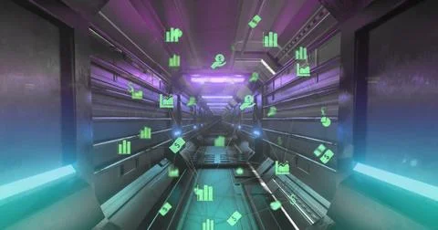 Image of connected icons forming globe over futuristic tunnel in background Stock Illustration