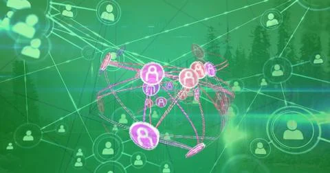 Image of connected icons forming globe aerial view of lake and forest Stock Photos