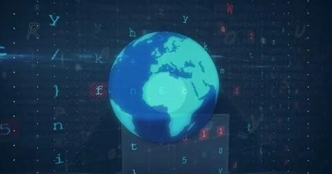Image of connected icons over globe, computer language, texts, letters, numbers Stock Photos