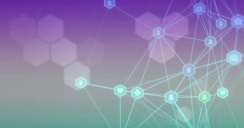 Image of connected icons over hexagons and grid pattern against abstract イラスト素材