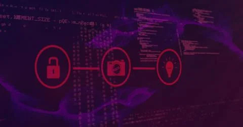 Image of connected icons over programming language against abstract background Foto stock