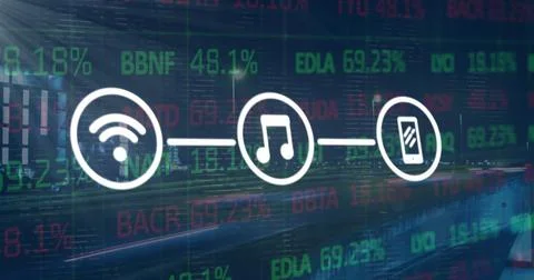 Image of connected icons over trading board against time-lapse of moving Ilustração Stock