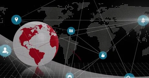 Image of connected icons with rotating globe and map over black background Stock Photos