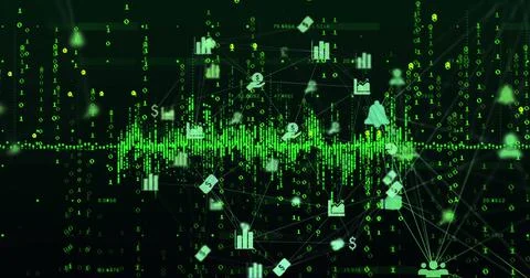 Image of connected multiple icons forming globe over illuminated numbers and 写真素材