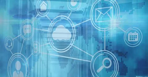 Image of connected multiple technological icons over a pixel world map and Ilustração Stock