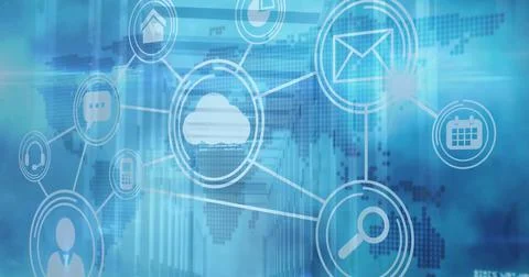 Image of connected multiple technological icons over a pixel world map and Stock Photos