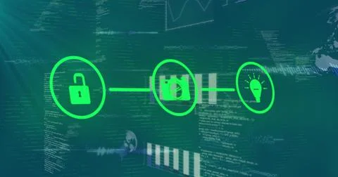 Image of connected register blue padlock icons and data processing on blue Foto stock
