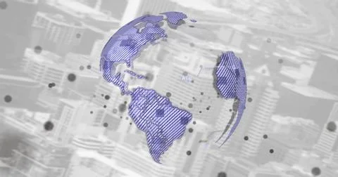 Image of connecting grey dots over spinning globe against aerial view of Ilustración de archivo
