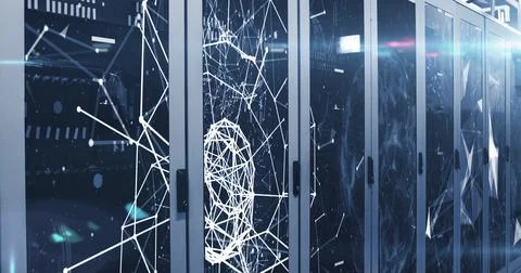 Image of connection lines moving on a server room Illustrazione stock