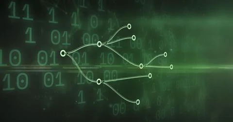 Image of connections and binary coding moving on green background Stock Illustration