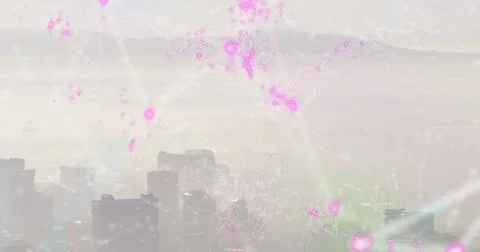 Image of connections and code floating over cityscape Stock Illustration