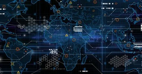 Image of connections and data processing with world map over dark background イラスト素材