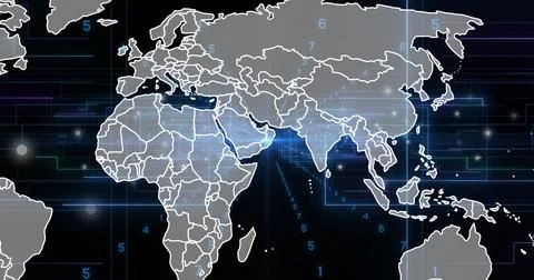 Image of connections and data processing with world map over dark background イラスト素材