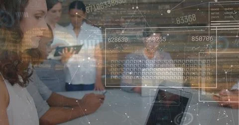 Image of connections and data processing over diverse business people in office Stock Illustration