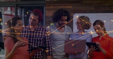Image of connections and data processing over diverse business people in office Stock Illustration