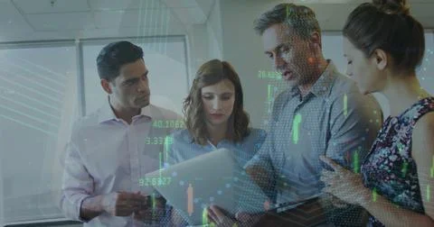 Image of connections and data processing over diverse business people in office Illustrazione stock