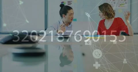 Image of connections and data processing over diverse business people in office Illustrazione stock