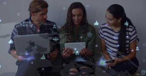 Image of connections and data processing over diverse business people in office 스톡 일러스트