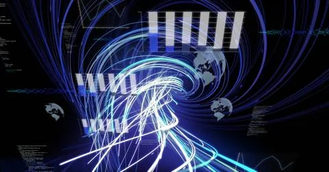 Image of connections and data processing over globe on black background Stockillustratie