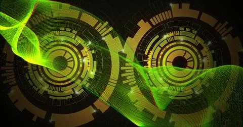 Image of connections and data processing over cogs spinning on black background 스톡 일러스트