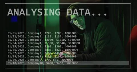 Image of connections and data processing over male asian hacker using computer Foto stock