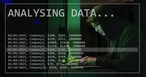 Image of connections and data processing over male asian hacker using computer Stock Photos