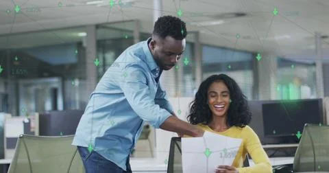 Image of connections and data processing over diverse business people discussing Stock Photos