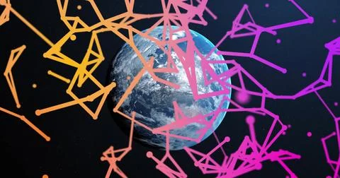Image of connections and data processing over globe on dark background 스톡 사진