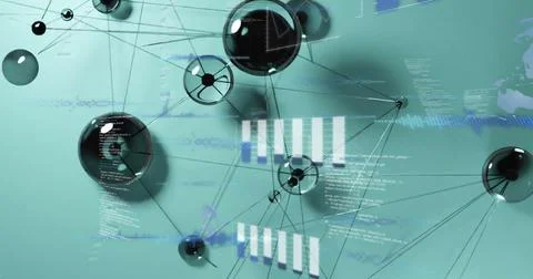 Image of connections and data processing on green background 스톡 사진
