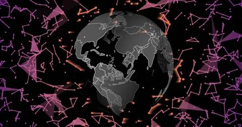 Image of connections and digital data processing over globe on black background 스톡 일러스트