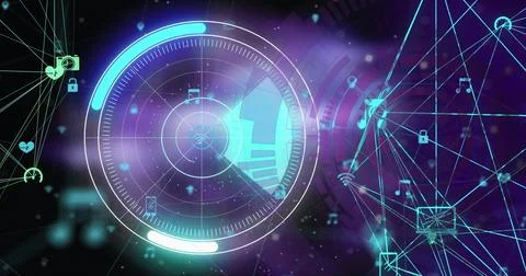 Image of connections and digital data processing over black background Illustrazione stock