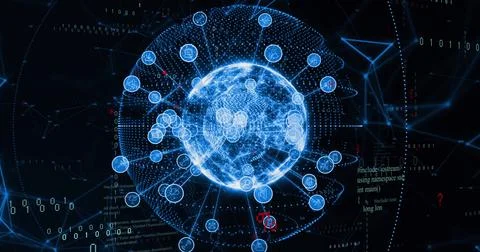 Image of connections and digital data processing over globe on dark background Stock Photos