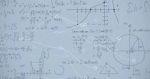 Image of connections and math formulas on grey background Stock Photos
