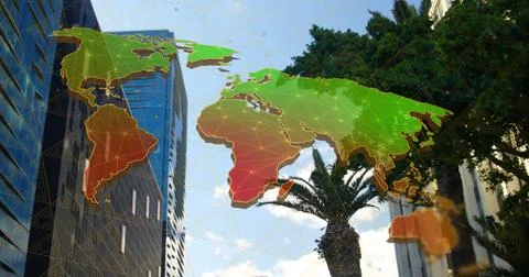 Image of connections and world map over cityscape Stock Illustration